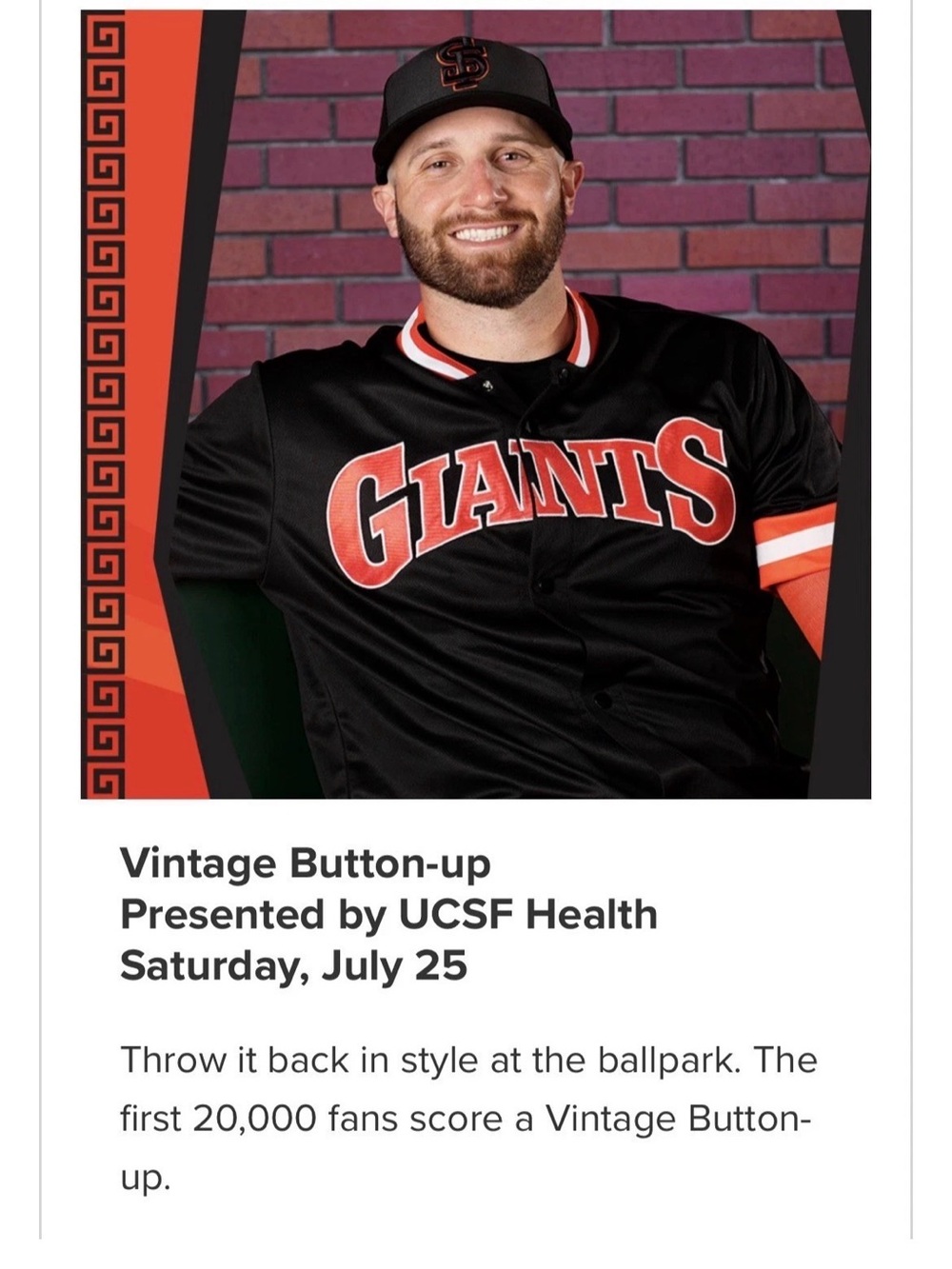 San Francisco Giants Vintage Button-Up SGA 7/25 NEW XL